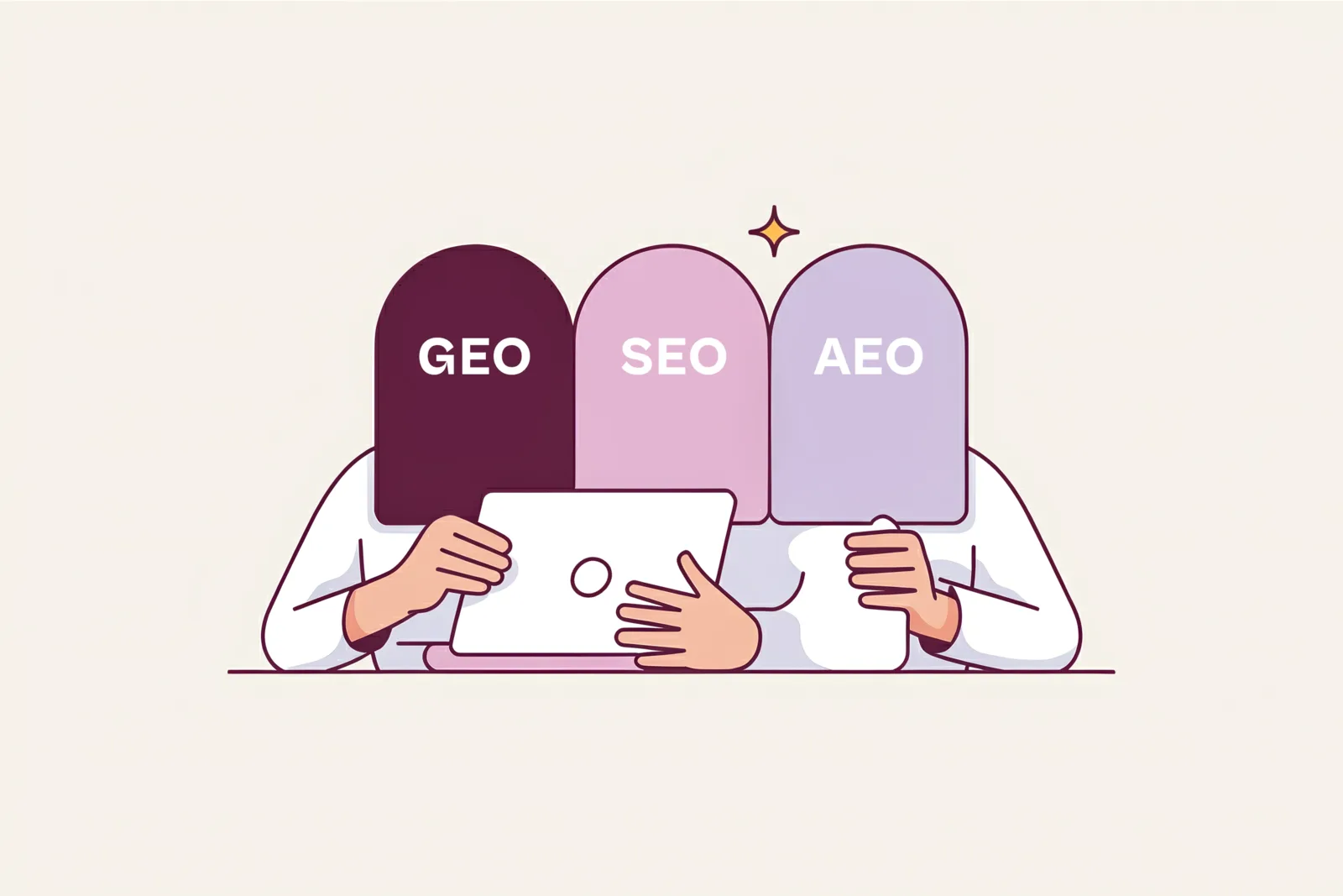 Illustration of three coloured panels side by side, comparing GEO, SEO and AEO as three approaches to search visibility