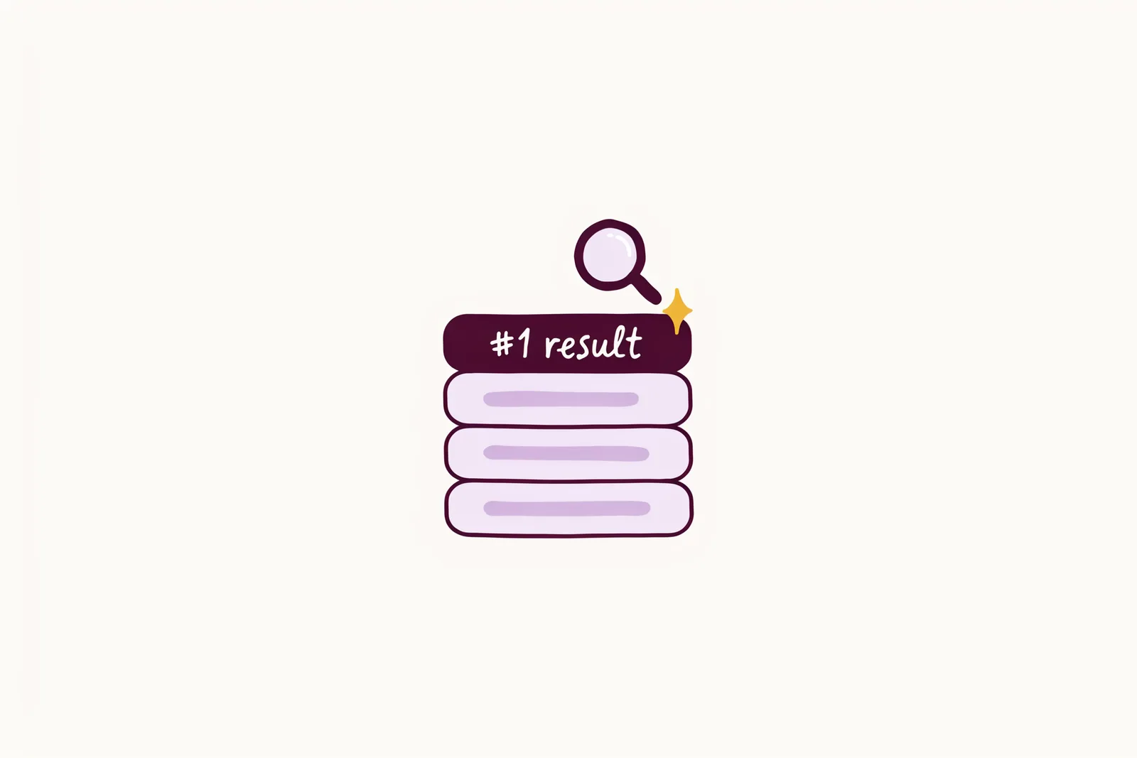 Illustration of a magnifying glass over a stack of ranked search results, representing SEO