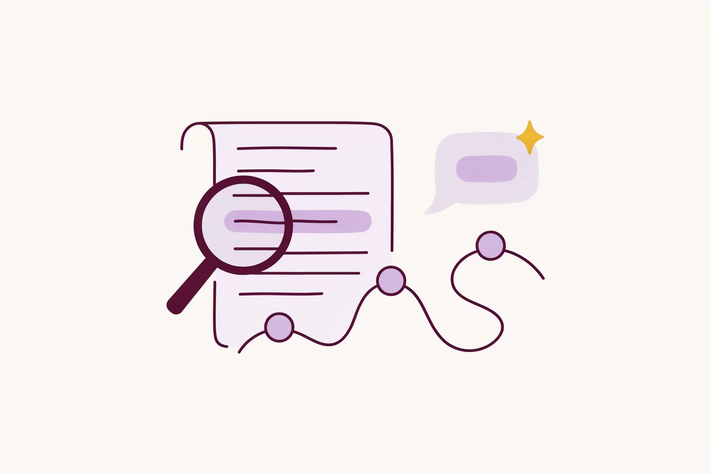 Illustration of a magnifying glass over a report that opens into a 90-day roadmap for AI visibility