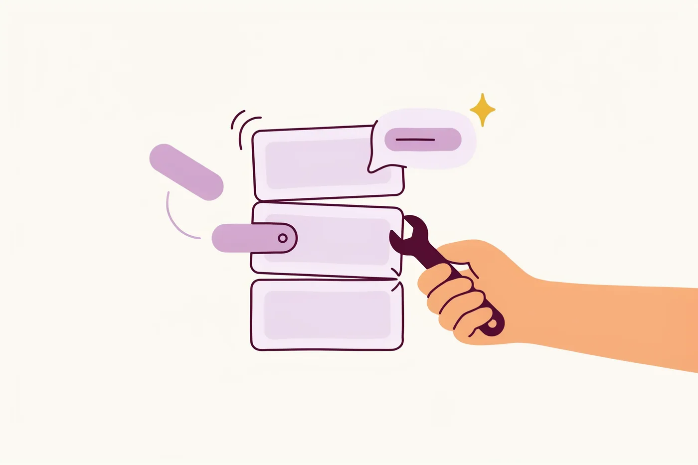 Illustration of a website being restructured with a wrench and schema tags so AI can read it