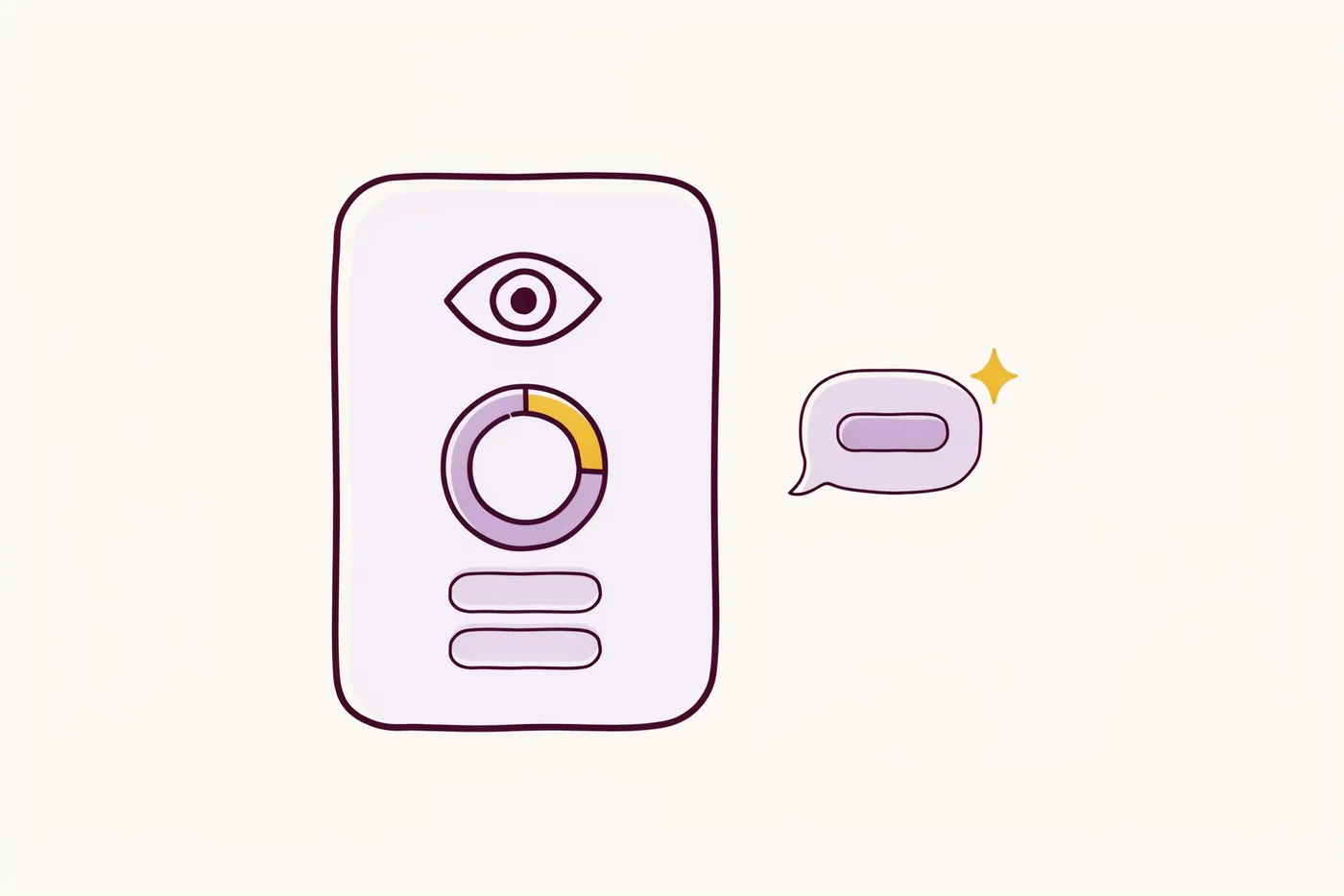 Illustration of an AI visibility snapshot report showing a score ring and status pills, beside an AI answer bubble naming a business